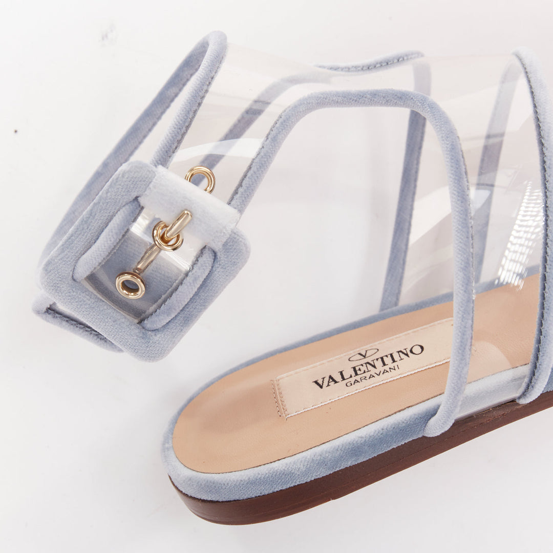 VALENTINO baby blue velvet trim clear PVC strappy flat sandals EU37