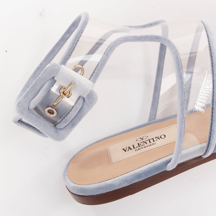 VALENTINO baby blue velvet trim clear PVC strappy flat sandals EU37
