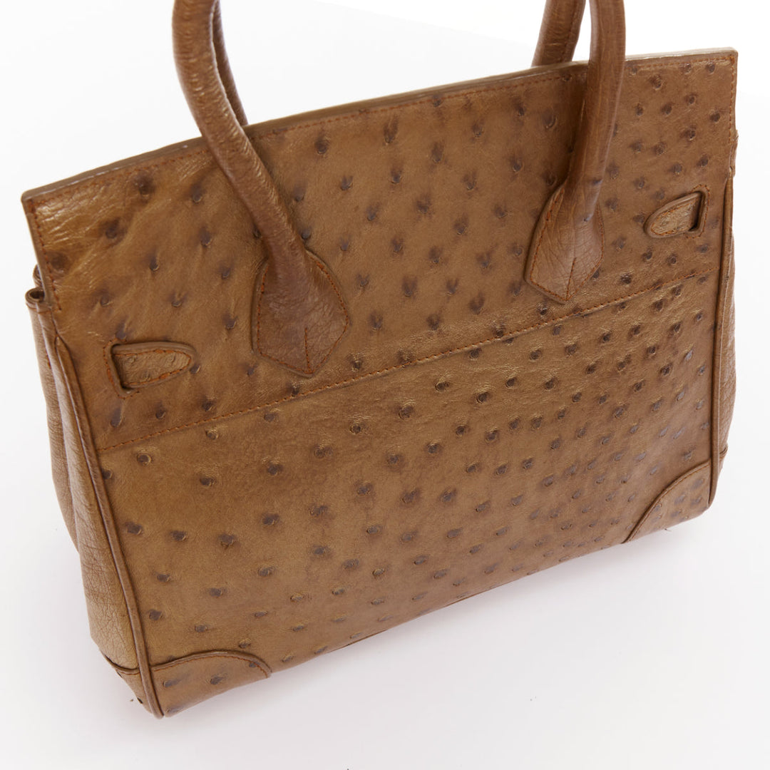 KWANPEN brown ostrich leather gold hardware top handle structured executive bag