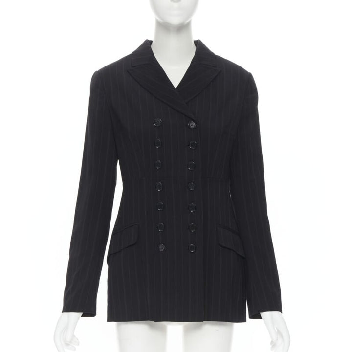 DOLCE GABBANA black pinstripe wool blend double breasted blazer skirt set IT42 M