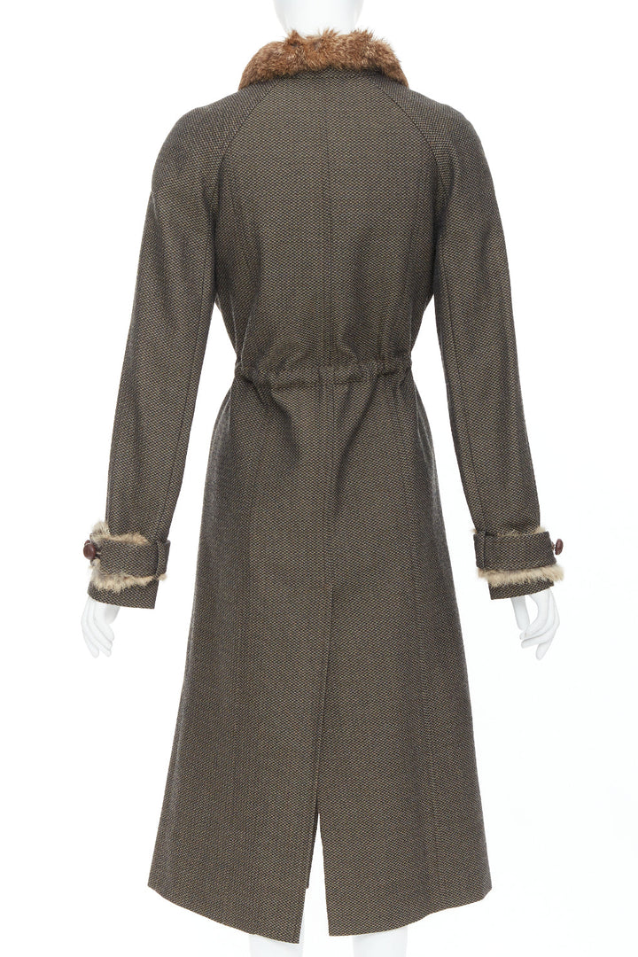 YVES SAINT LAURENT Vintage brown wool tweed fur trim maxi coat FR36 S