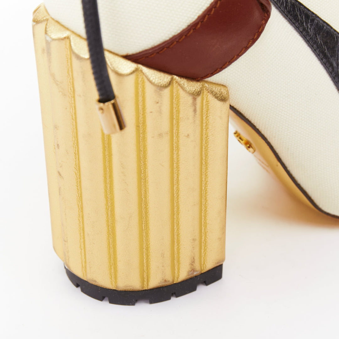 DIOR Raf Simons 2017 Runway gold fluted column heel brown laced ankle boots EU38