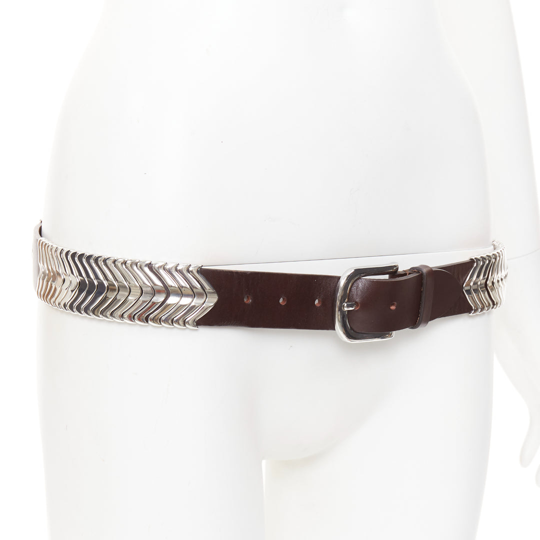 ISABEL MARANT 2021 Tehora dark brown calfskin leather silver chevron belt 85cm