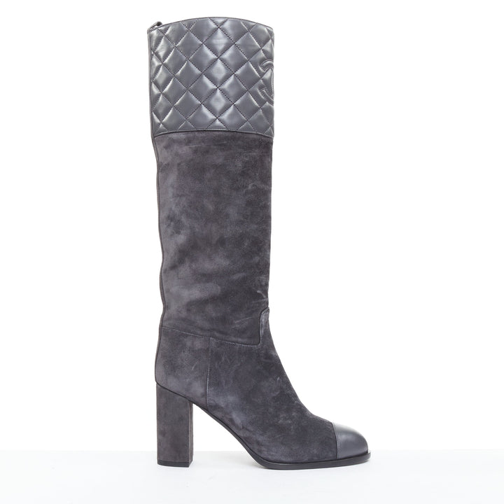 CHANEL 2023 grey suede diamond quilted CC logo block heel boots EU38.5