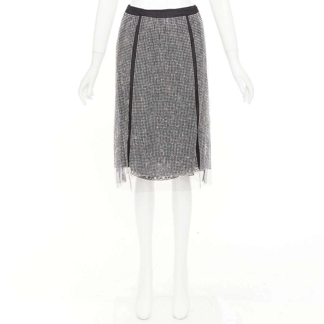 PRADA 2021 silver crystal black mesh triangle cut out lace trim skirt IT38 XS