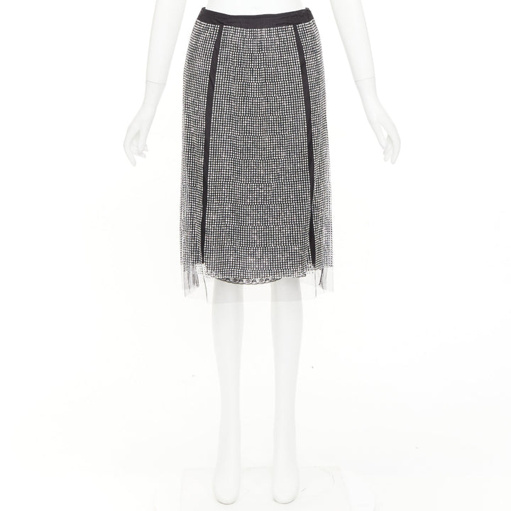 PRADA 2021 silver crystal black mesh triangle cut out lace trim skirt IT38 XS