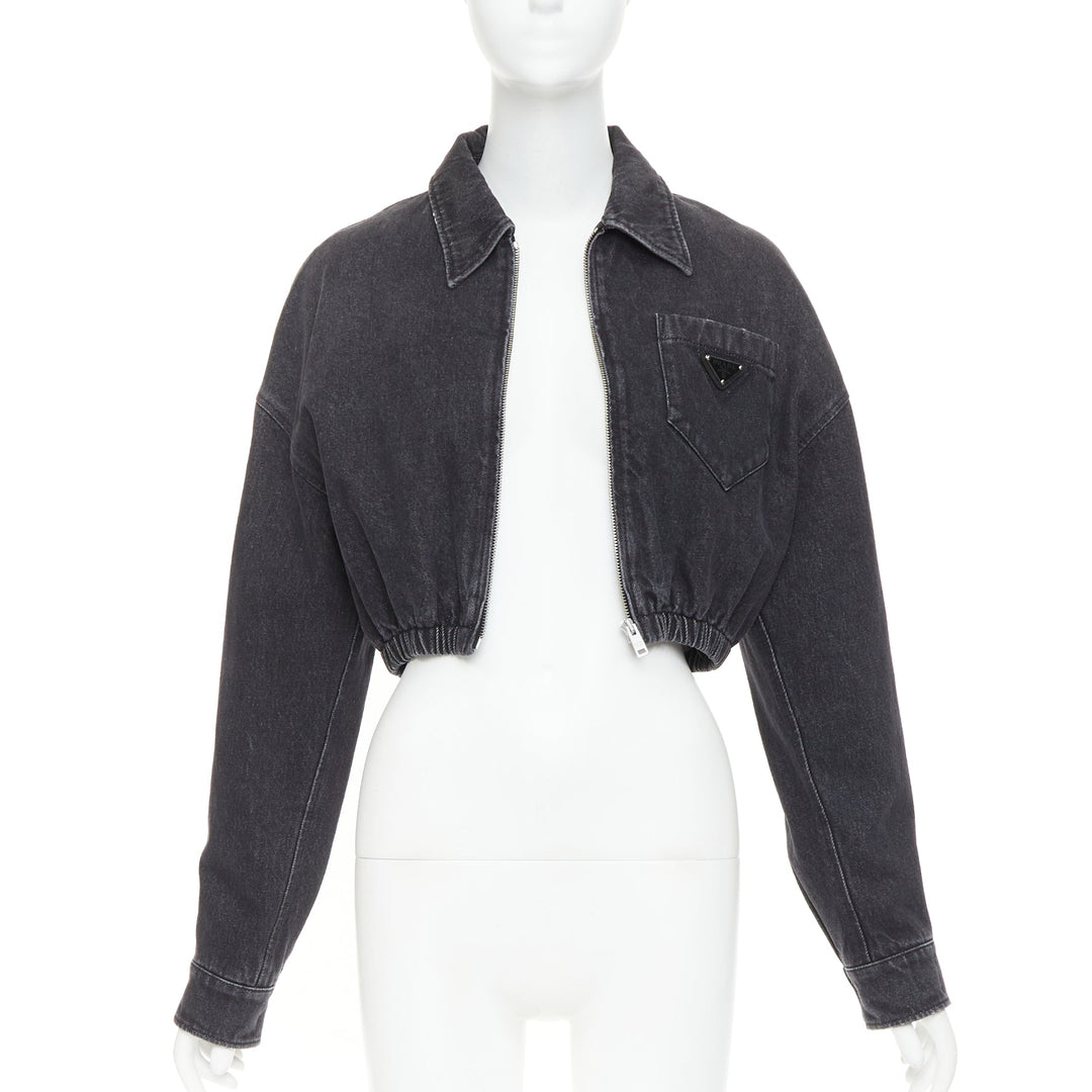 PRADA 2022 grey faded denim triangle logo plague cropped blouson jacket IT40 S