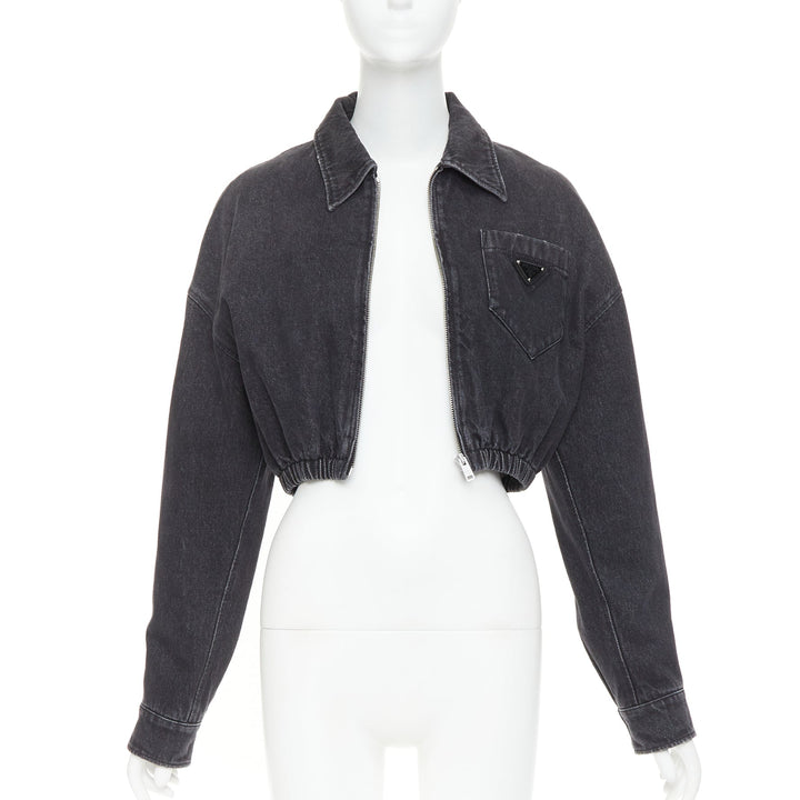 PRADA 2022 grey faded denim triangle logo plague cropped blouson jacket IT40 S