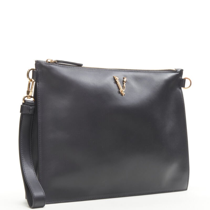 VERSACE gold Virtus Barocco V black leather zip clutch crossbody bag
