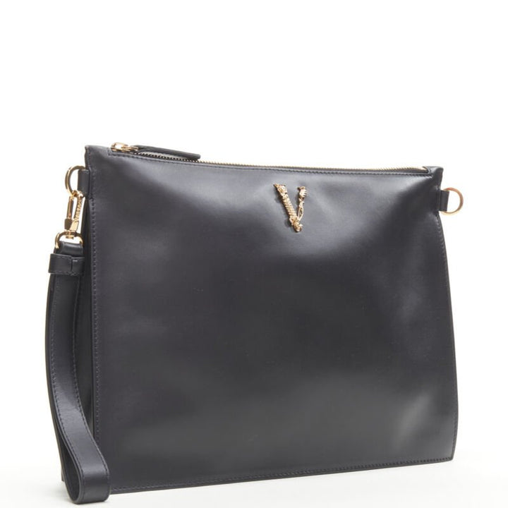 VERSACE gold Virtus Barocco V black leather zip clutch crossbody bag