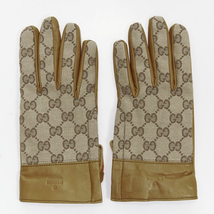 GUCCI GG monogram canvas brown leather trim cashmere lined glove Size 7