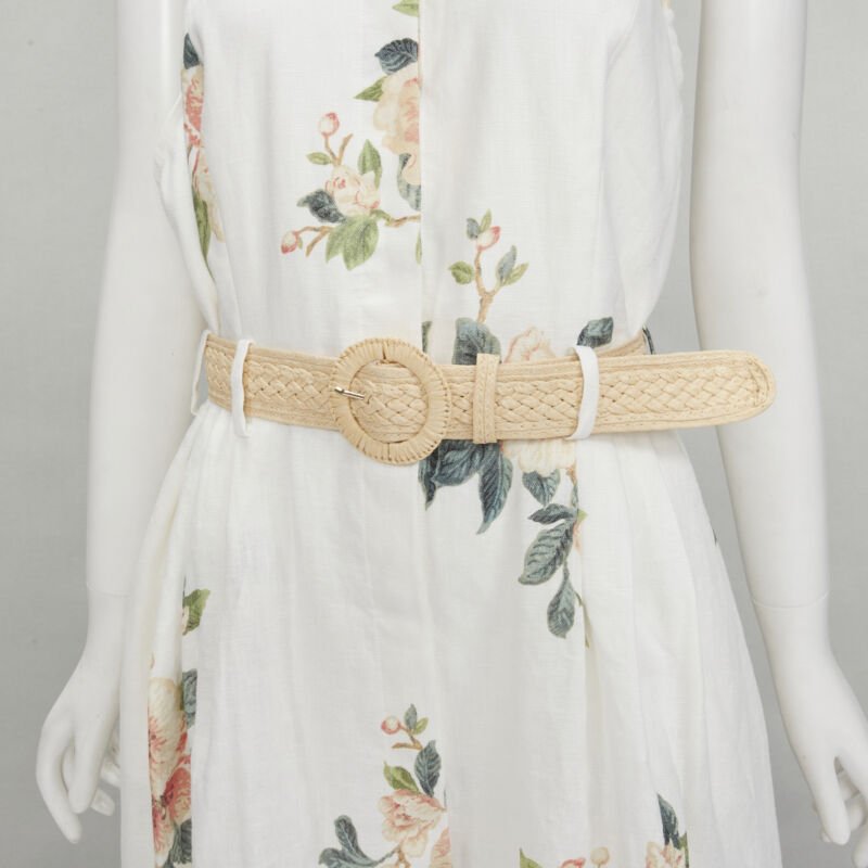ZIMMERMANN white floral linen raffia braided belt halter backless dress Sz.3 L