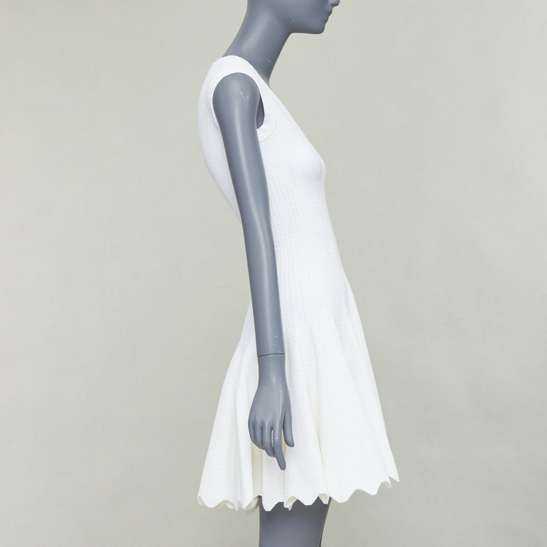 ALAIA cream viscose knit V neck sleeveless scalloped hem fit flare dress FR36 S