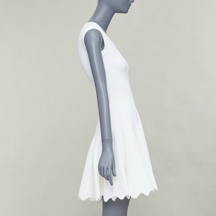 ALAIA cream viscose knit V neck sleeveless scalloped hem fit flare dress FR36 S