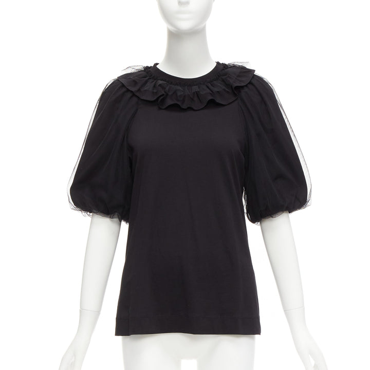 SIMONE ROCHA black cotton sheer overlay puff sleeves ruffle tshirt XS