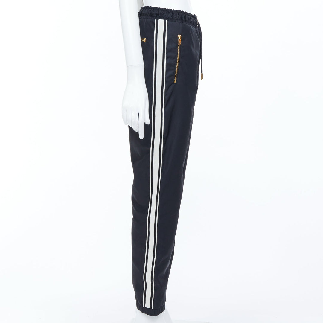 CELINE black nylon side stripe embroidered logo drawstring track pants FR36 S