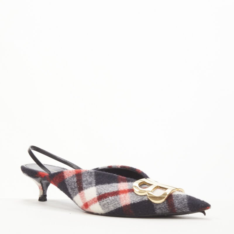 BALENCIAGA BB Knife gold logo red black plaid wool sling kitten pump EU38.5