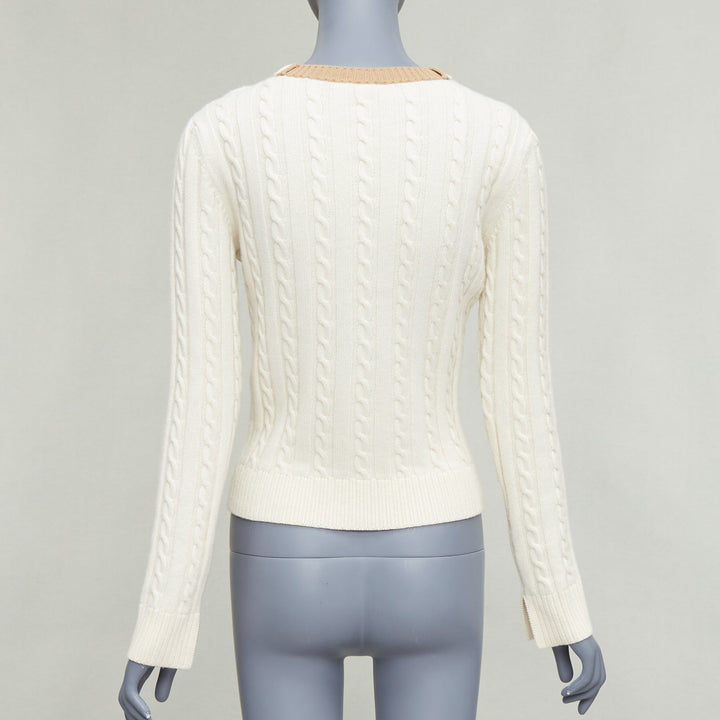 LOEWE ecru wool cotton anagram cable knit cropped sweater XS