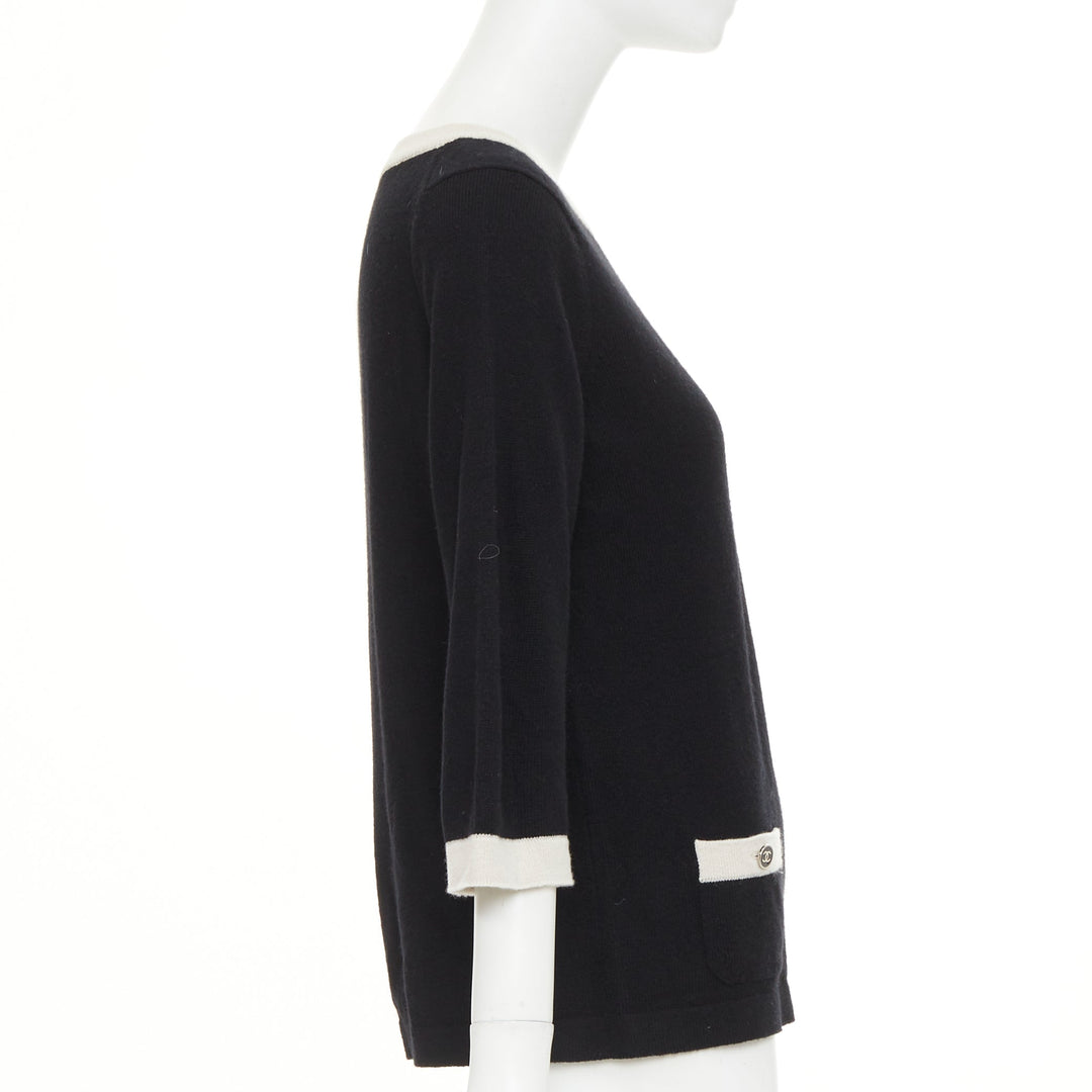 CHANEL black 100% cashmere white contrast trim CC button pocket pullover FR40 L
