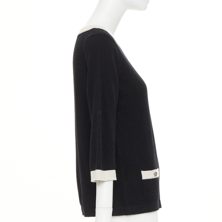 CHANEL black 100% cashmere white contrast trim CC button pocket pullover FR40 L