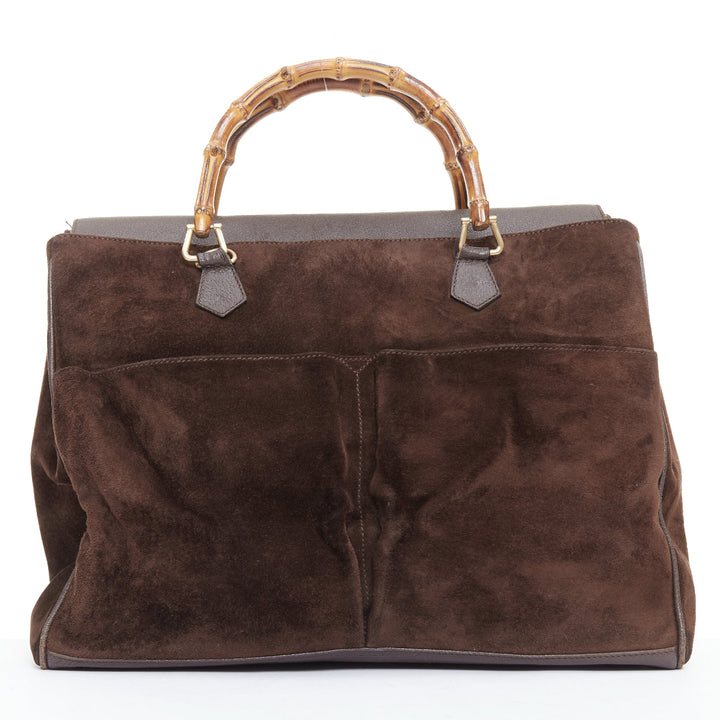 GUCCI Vintage Bamboo brown suede leather nude handle satchel bag