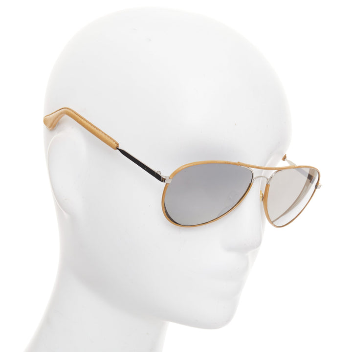 LINDA FARROW Veronique Branquinho tan leather trim aviators pilot sunglasses