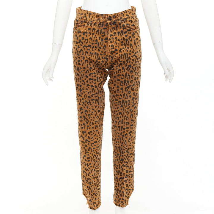 SAINT LAURENT 2018 brown leopard animal print distressed hem jeans 27"