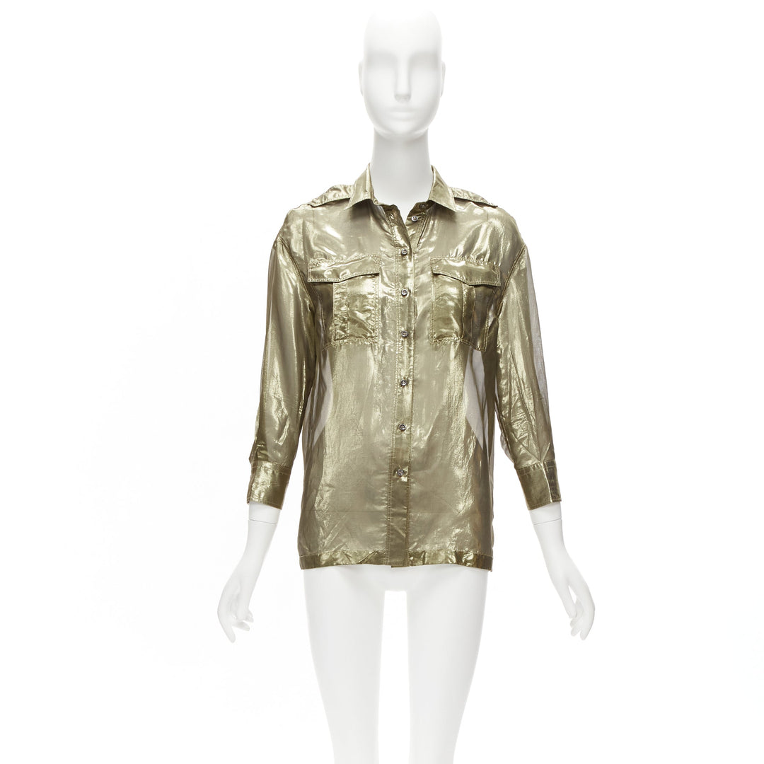 BRUNELLO CUCINELLI gold metallic lame silk blend 3/4 sleeve shirt S