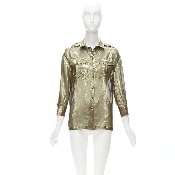 BRUNELLO CUCINELLI gold metallic lame silk blend 3/4 sleeve shirt S
