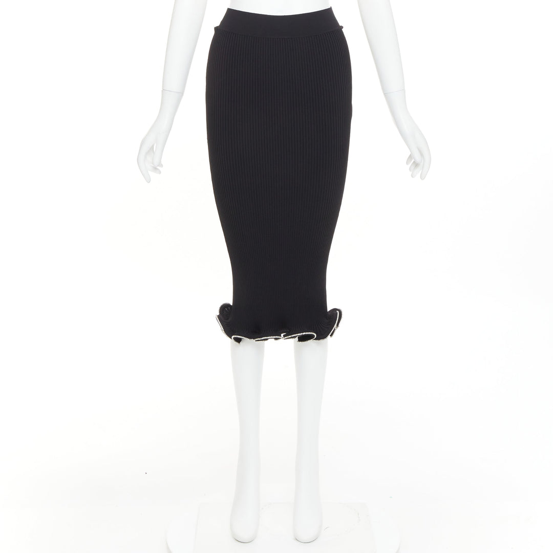 ALEXANDRE VAUTHIER black ribbed knit silver strass crystal flounce ruffle skirt