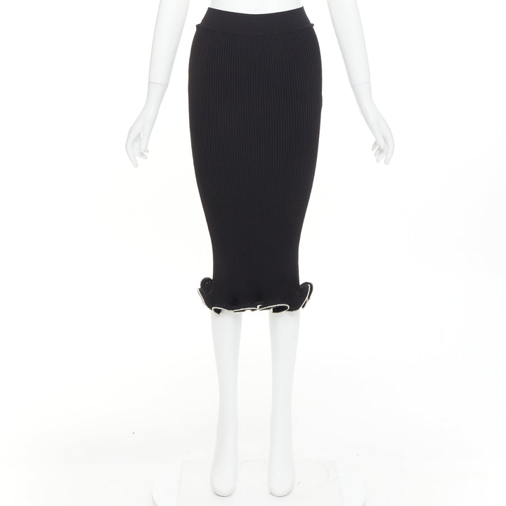 ALEXANDRE VAUTHIER black ribbed knit silver strass crystal flounce ruffle skirt