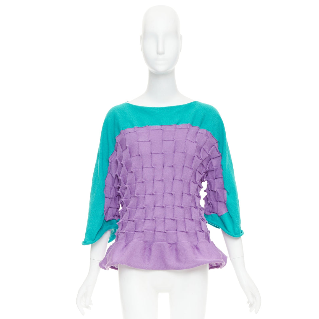ISSEY MIYAKE purple green cotton bateau weave pleated sweater JP2 M