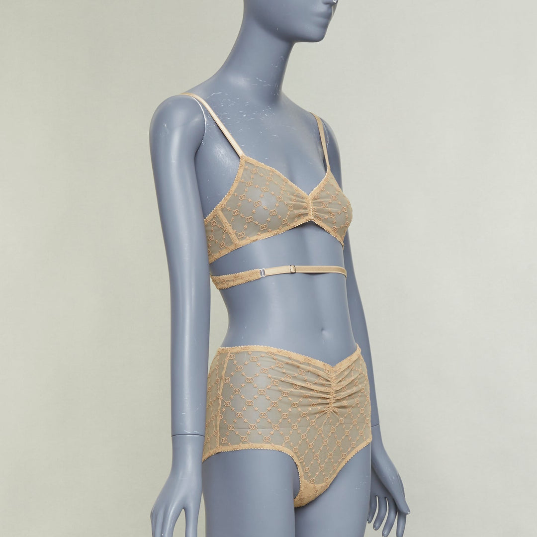 GUCCI Alessandro Michele GG Star nude monogram embroidered tulle lingerie set S