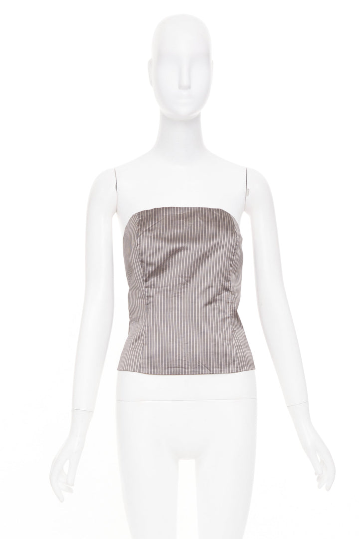 EMPORIO ARMANI Vintage brown pinstripe silk woven strapless bustier top IT38 XS