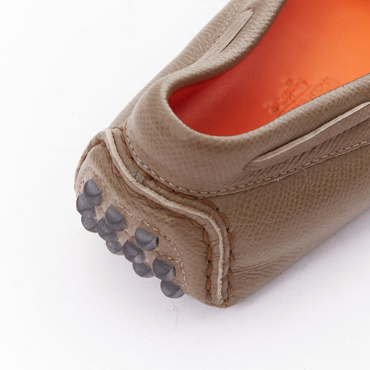 HERMES Irving stone taupe leather silver stud driving loafers EU35.5