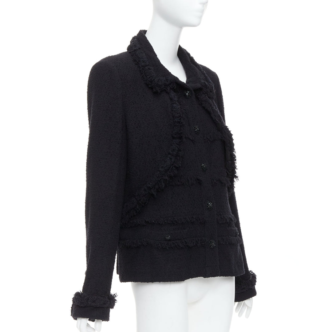 CHANEL 08A Runway black tweed braided fringe tromp loeil 4 pocket jacket FR46