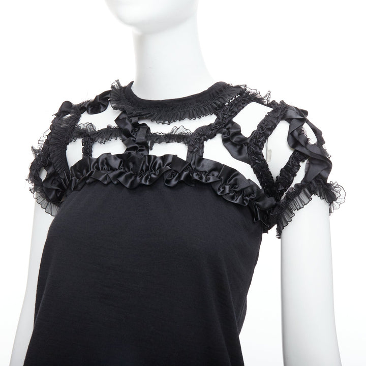 COMME DES GARCONS 2008 black wool ruffle cut out crew top S