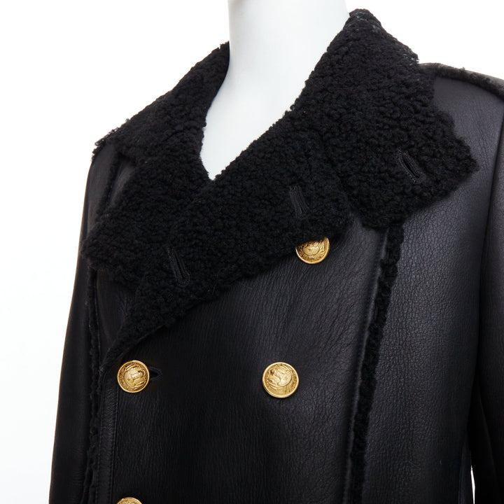 BALMAIN black shearling lined leather gold double breasted coat FR48 M