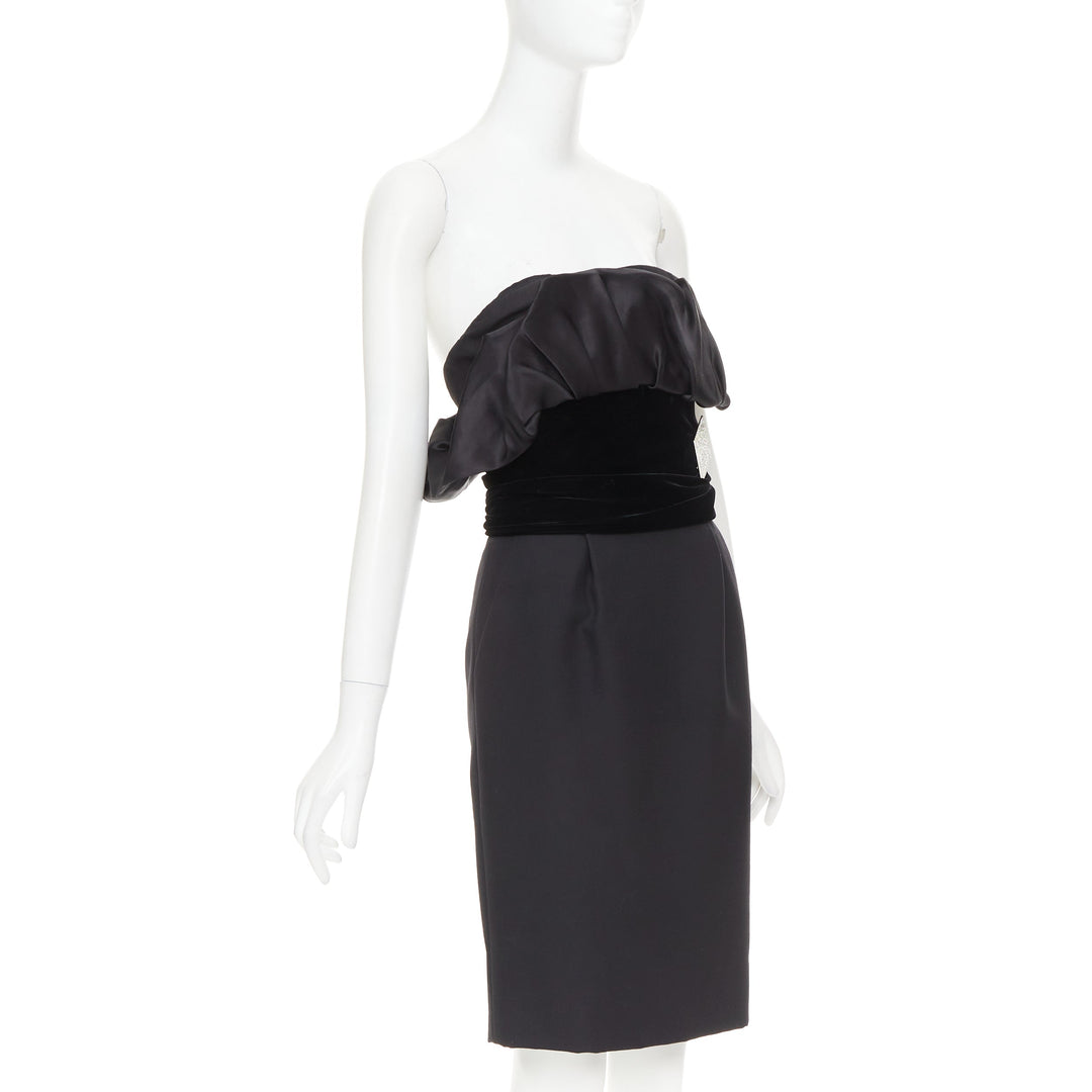 ALEXANDRE VAUTHIER black crystal pave brooch velvet belt satin strapless dress