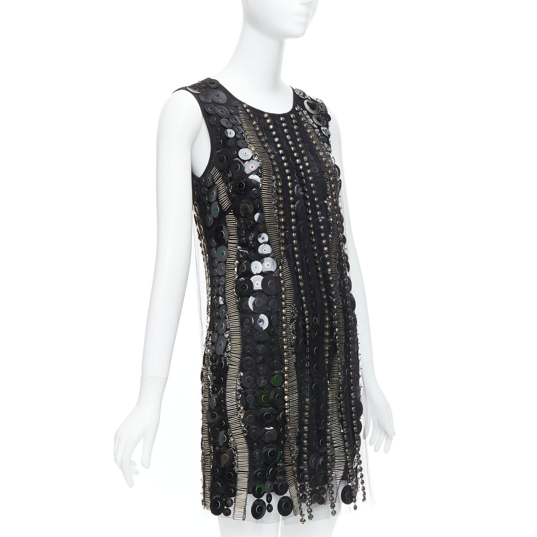 COLLETTE DINNIGAN Runway black jewelled pailettes party shift dress XS