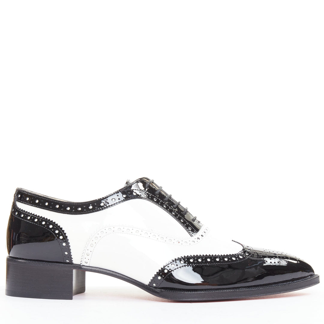 CHRISTIAN LOUBOUTIN Zazou Fiori Flat Patent black white point toe brogue EU38.5