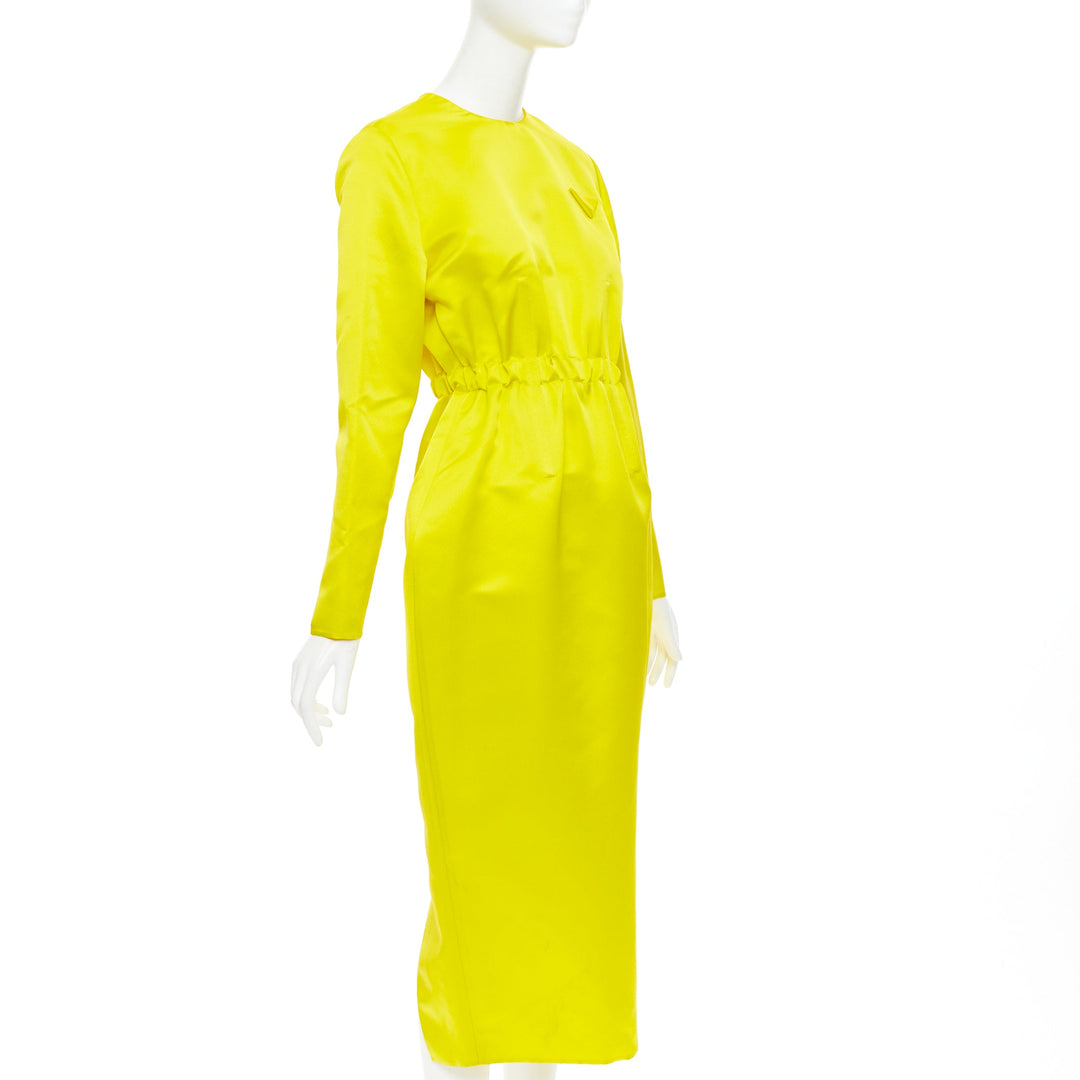 rare PRADA 2022 Runway yellow duchess silk open back cinched belted dress IT40 S