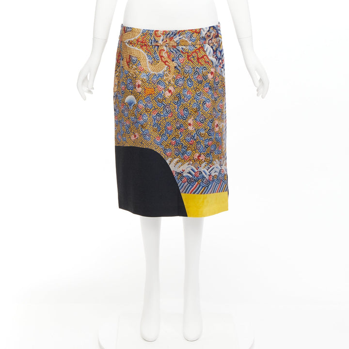 DRIES VAN NOTEN 2012 Runway oriental dragon colorblocked print wool skirt FR40 L