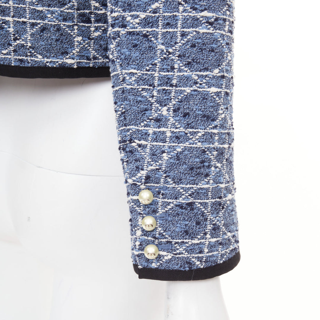 DIOR Macrocannage Technical Cotton Tweed blue white pearl button jacket FR34 XS
