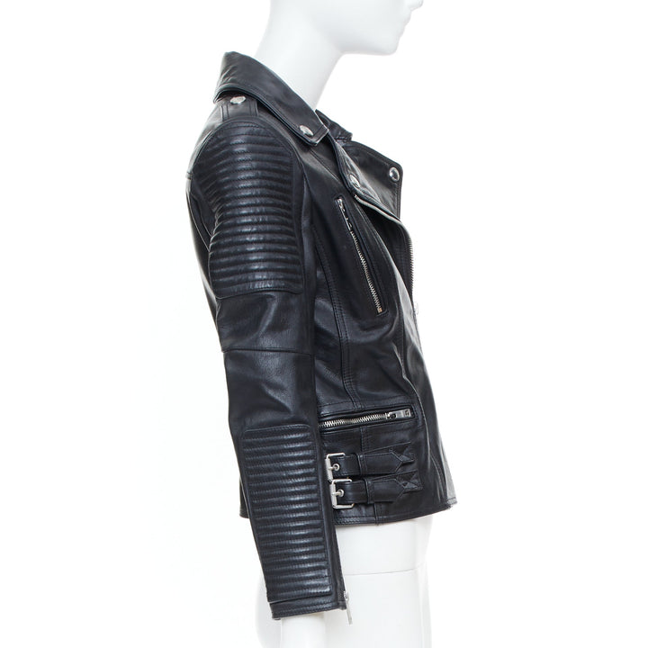 BURBERRY BRIT 2015 Loseley ribbed black cow grain leather moto jacket IT38 XS