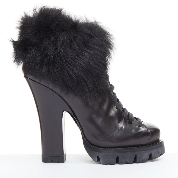 PRADA 2011 Calzature Donna black leather fur trim half wedged ankle boots EU