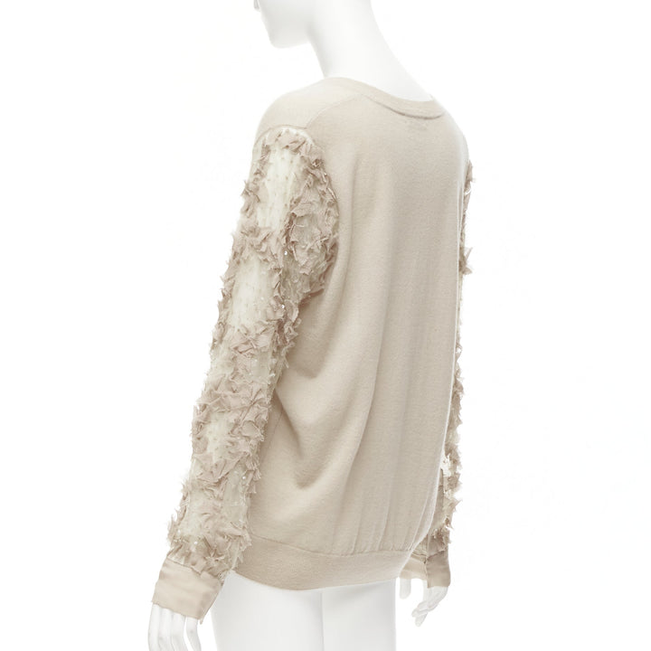 DRIES VAN NOTEN stone cashmere silk ruffle sheer sleeves V-neck sweater S