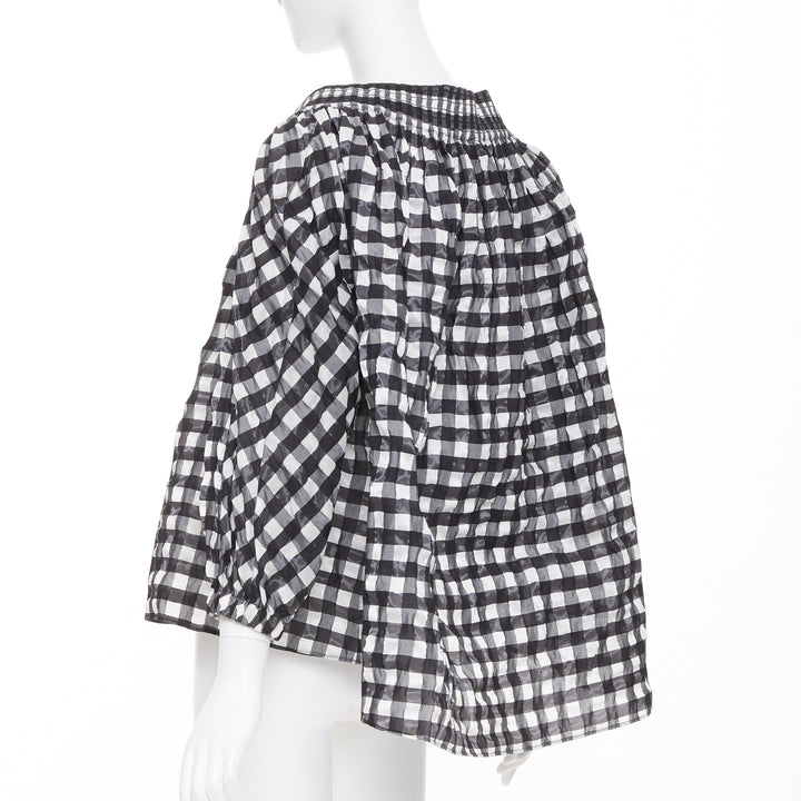 ALAIA black white checked gingham smocked neck asymmetric loose top FR36 S