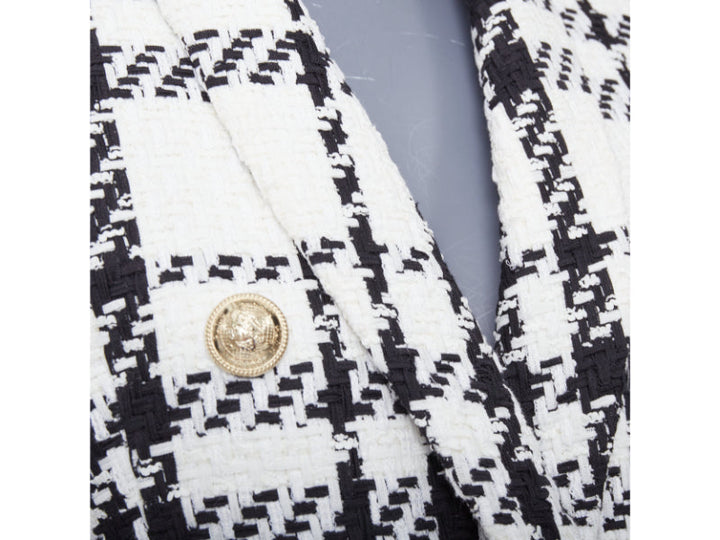 BALMAIN checked black white cotton tweed double breasted blazer jacket FR36 S