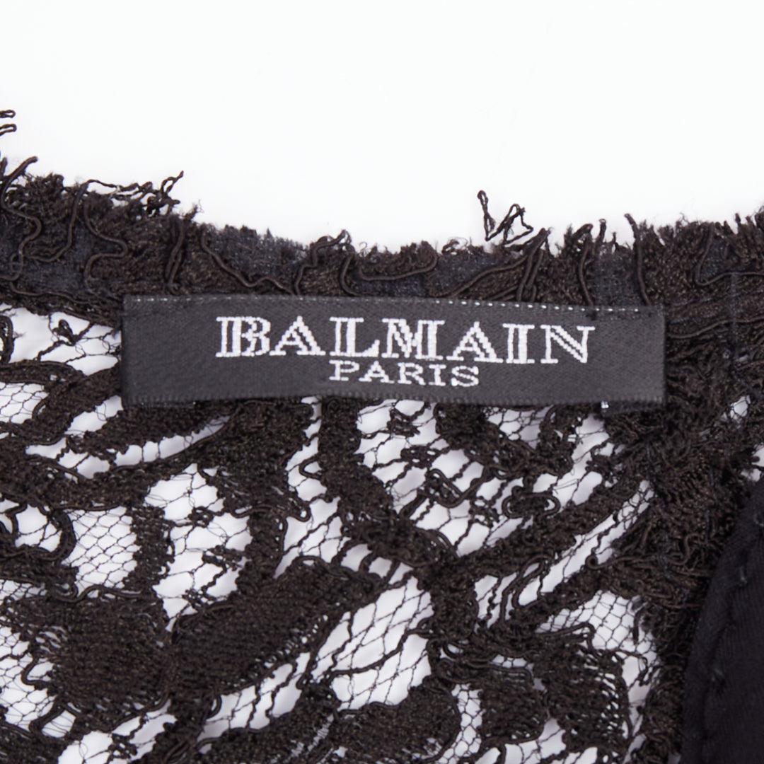 rare BALMAIN 2009 black lace shoulder padded scallop sheer top